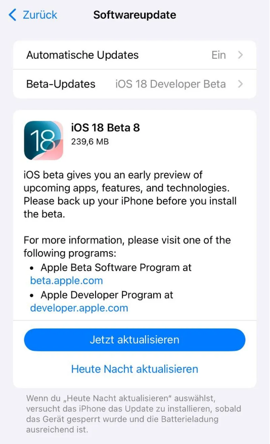 赤城苹果手机维修分享苹果 iOS / iPadOS 18 开发者预览版 Beta 8 发布 